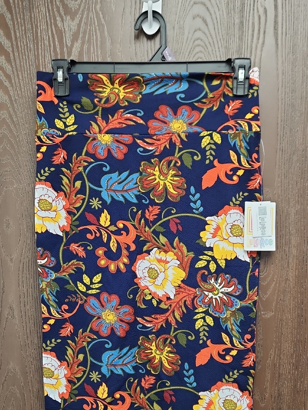 🚨2/$25 or 5/$LuLaRoe Navy Floral Pencil Skirt with Yellow, Orange & Blue Blooms - Picture 1 of 5